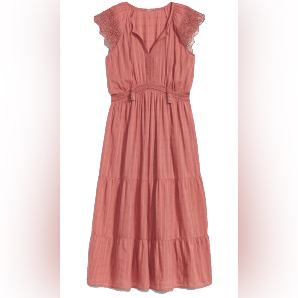 Old Navy Waist Defined Crochet-Sleeve Tie-Neck Dusty Rose Midi Dress Size Small